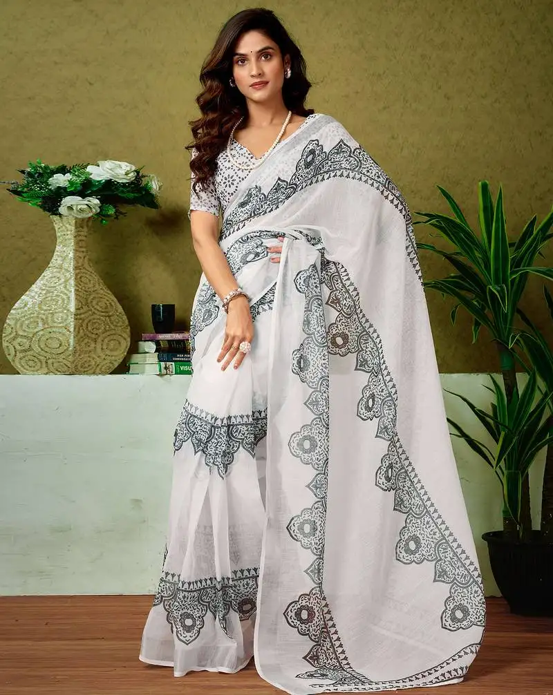 White and black linen zari screen printed casual and work ready to wear saree with blouse
