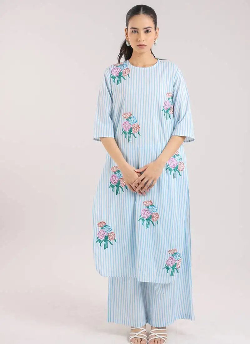 Ice blue floral embroidered kurta with pant