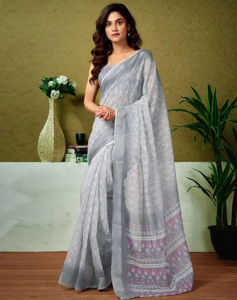 Grey and white linen zari screen printed casual and work ready to wear saree with blouse