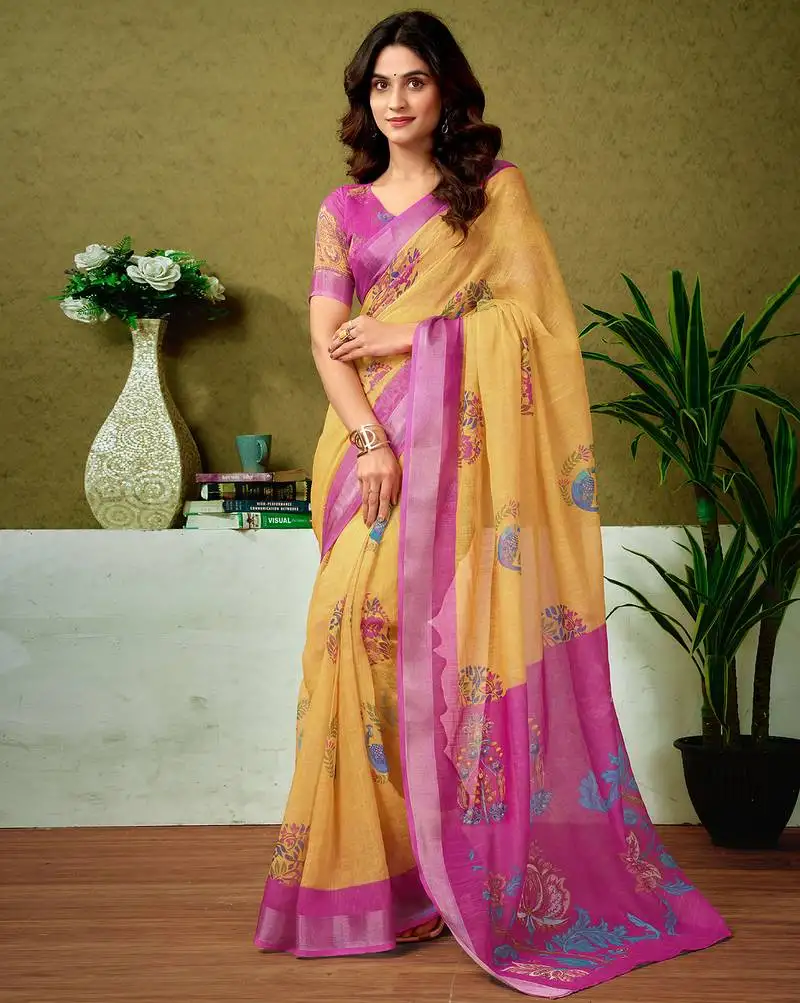 Yellow and pink linen zari screen printed casual and work ready to wear saree with blouse