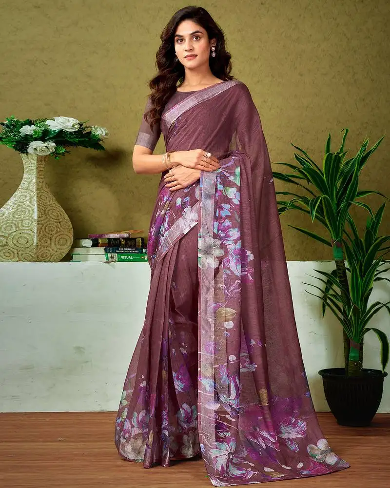 Brown linen zari screen printed casual and work ready to wear saree with blouse