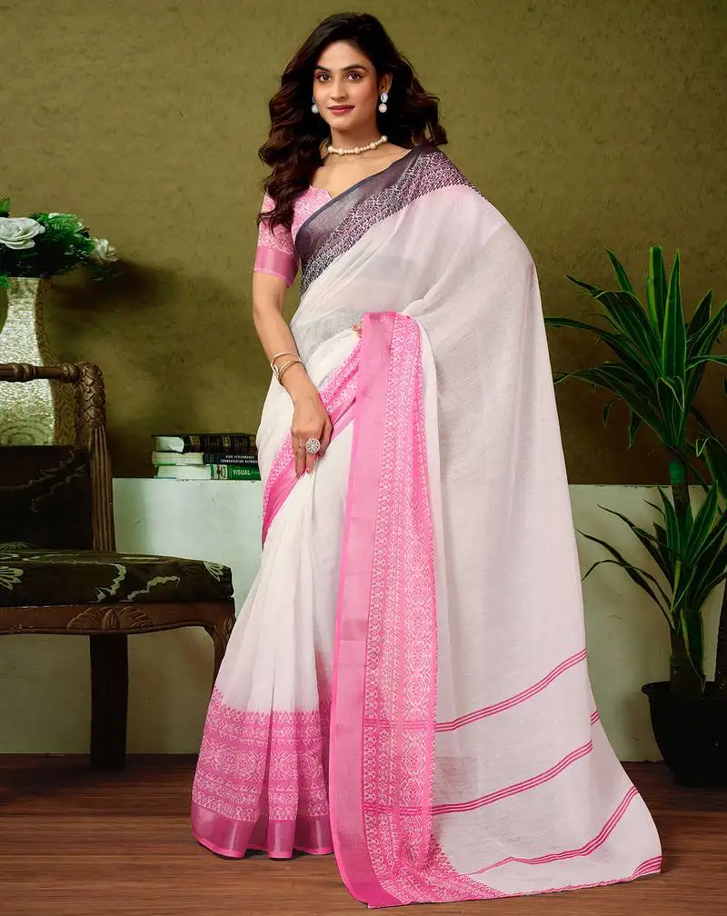 White linen zari screen printed casual and work ready to wear saree with blouse