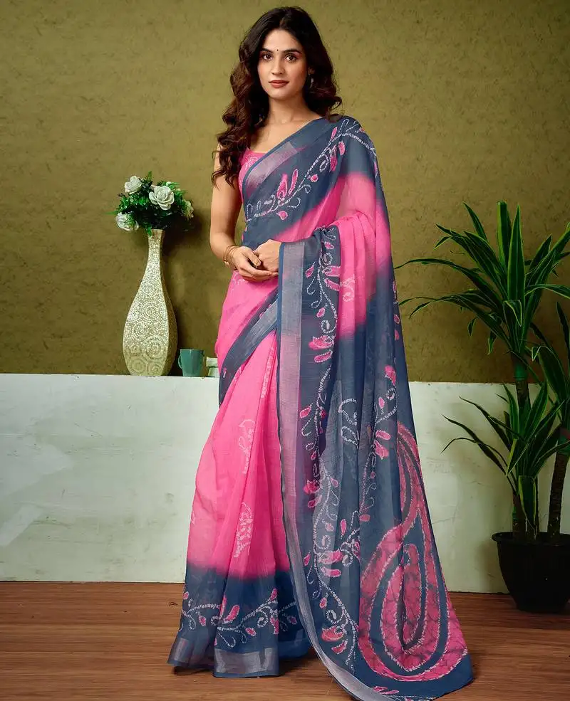 Blue and pink linen zari screen printed casual and work ready to wear saree with blouse