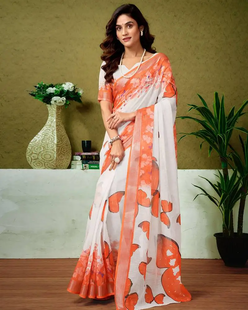 White and orange linen zari screen printed casual and work ready to wear saree with blouse