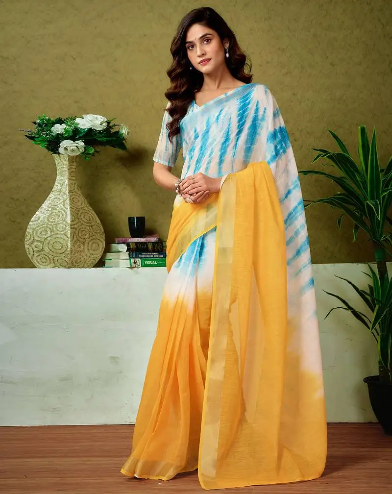 Yellow and blue linen zari screen printed casual and work ready to wear saree with blouse