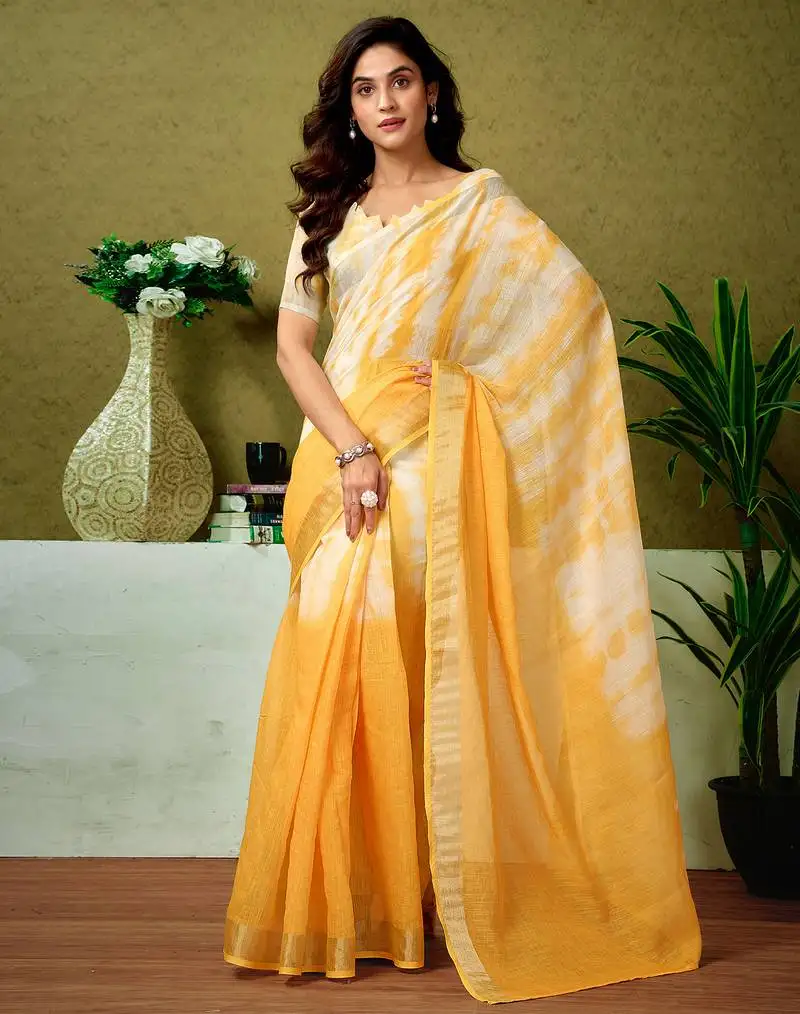 Yellow linen zari screen printed casual and work ready to wear saree with blouse