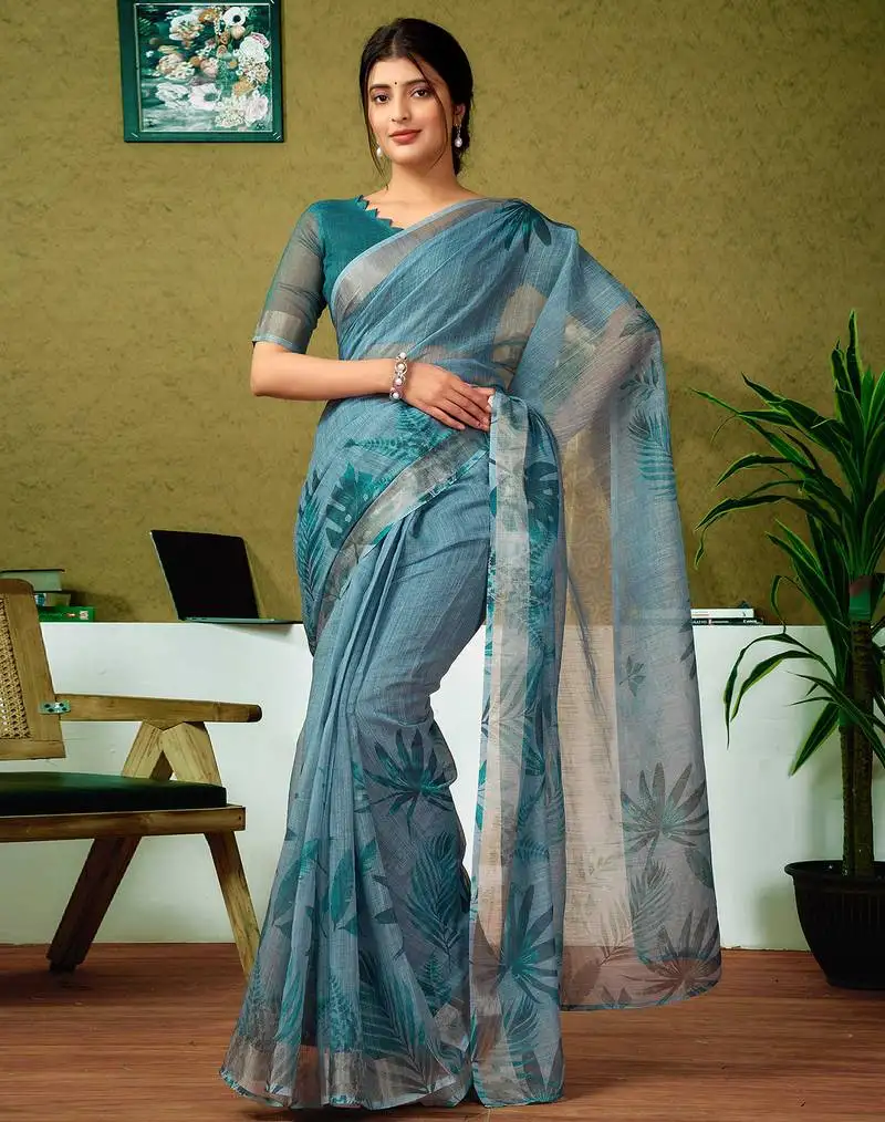 Blue linen zari screen printed zari work ceremony and festival ready to wear saree with blouse