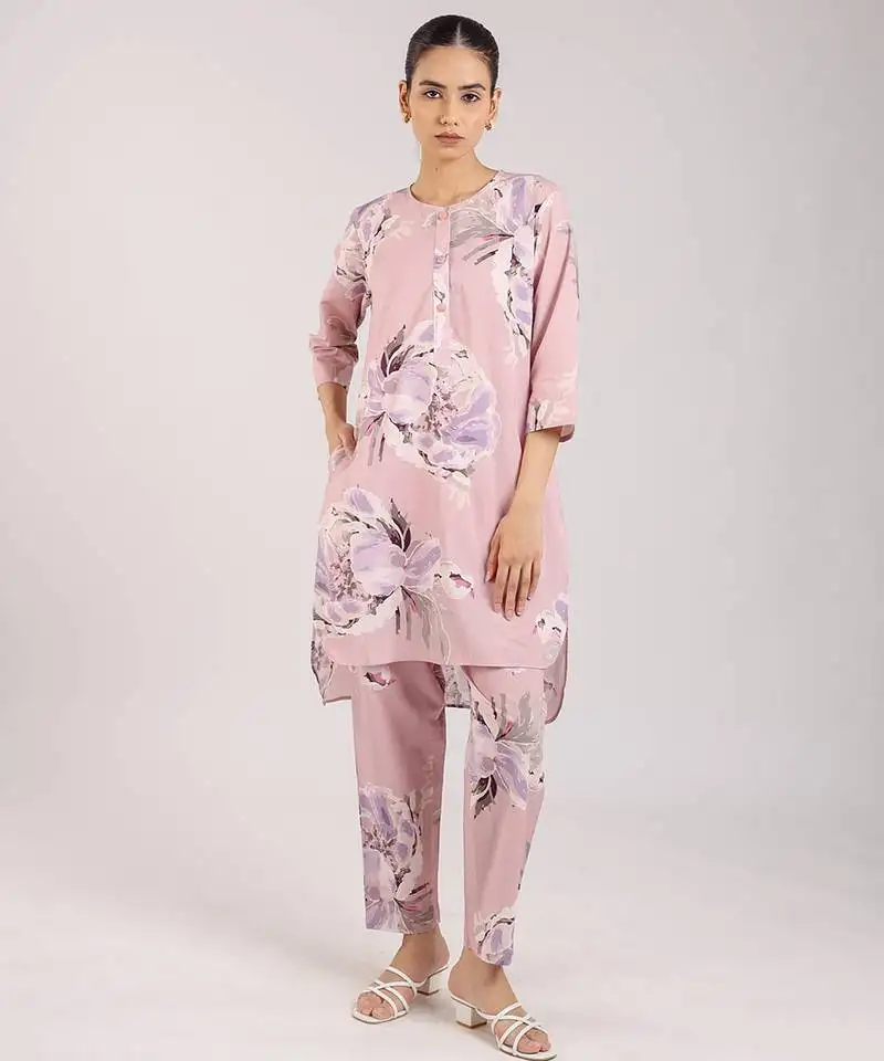 Dusty rose floral printed cotton kurta set