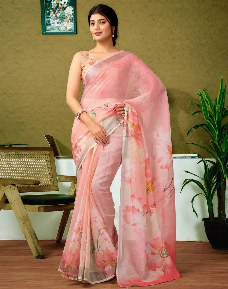Multicolor and pink linen zari screen printed zari work ceremony and festival ready to wear saree with blouse
