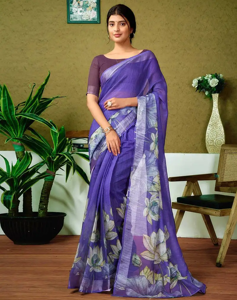 Purple linen zari screen printed zari work ceremony and festival ready to wear saree with blouse