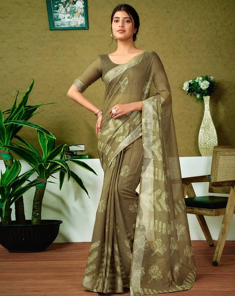 Green linen zari screen printed zari work ceremony and festival ready to wear saree with blouse