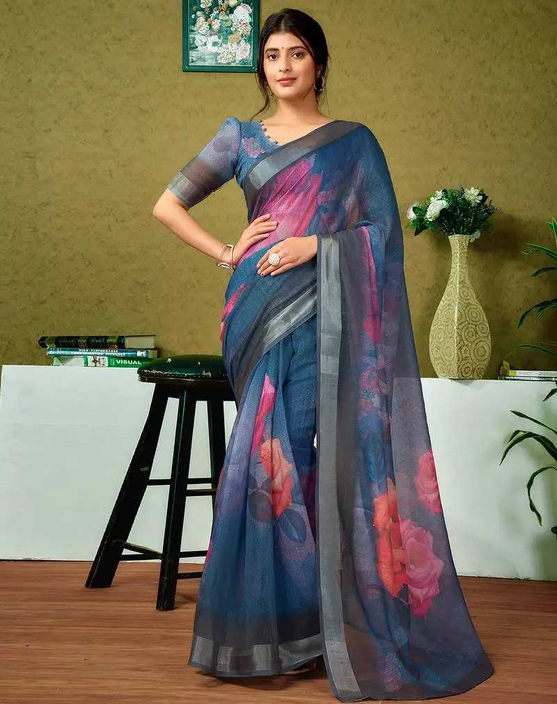 Multicolor and blue linen zari screen printed zari work ceremony and festival ready to wear saree with blouse
