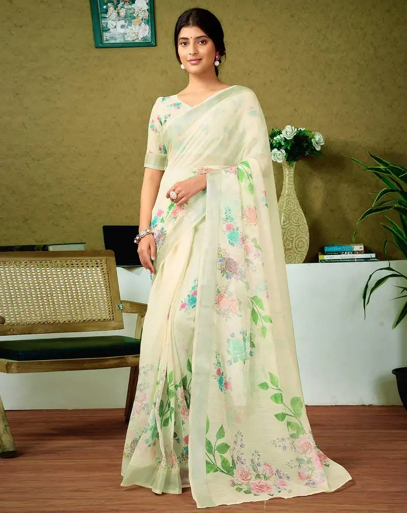 Multicolor and cream linen zari screen printed zari work ceremony and festival ready to wear saree with blouse