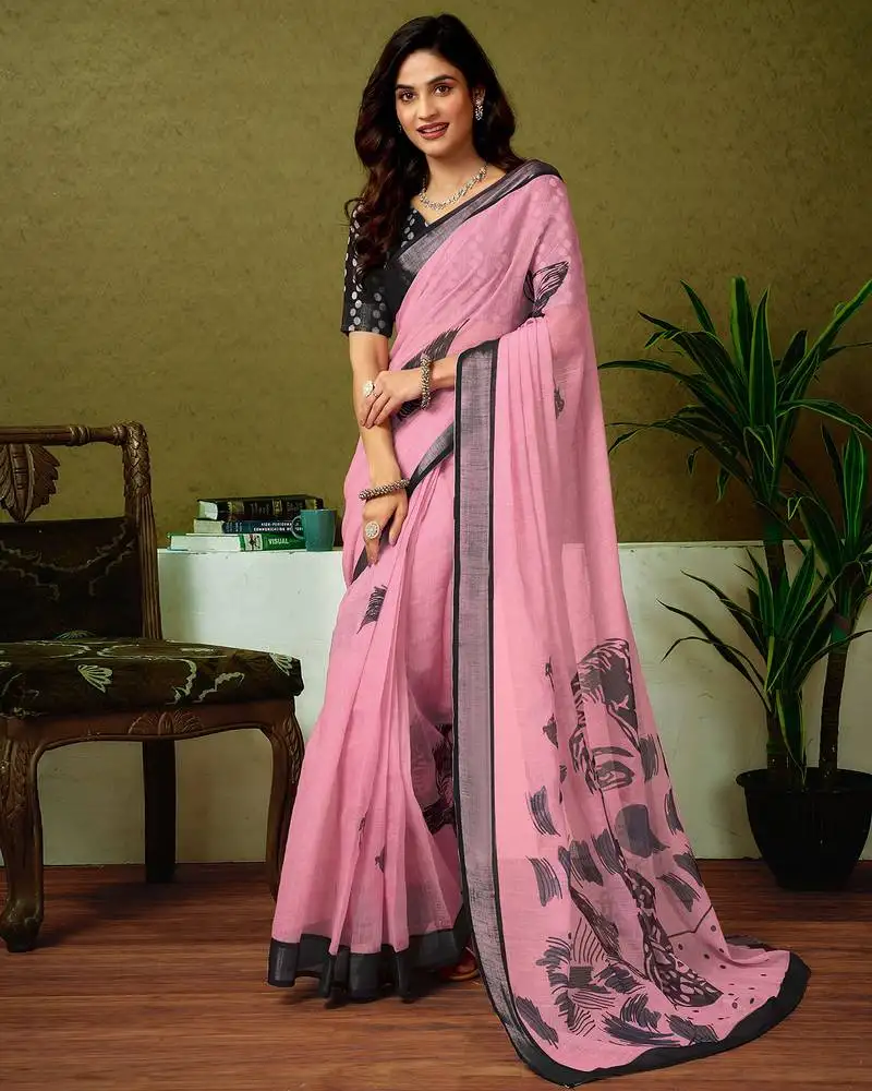 Pink linen zari screen printed casual and work ready to wear saree with blouse