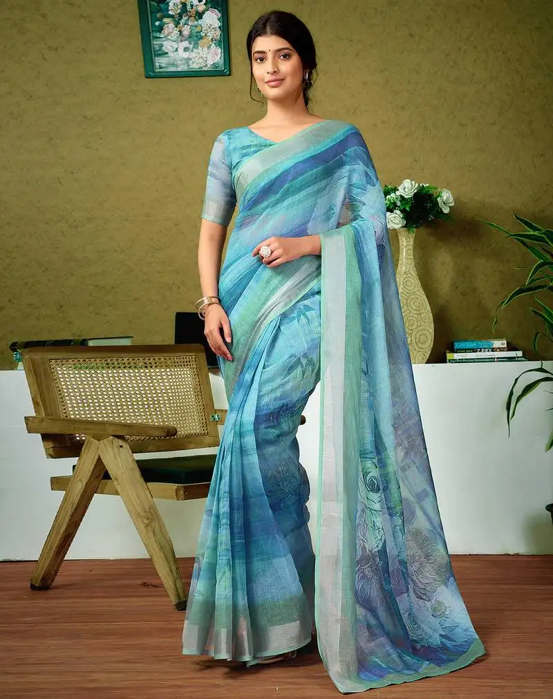 Green and blue linen zari screen printed zari work ceremony and festival ready to wear saree with blouse
