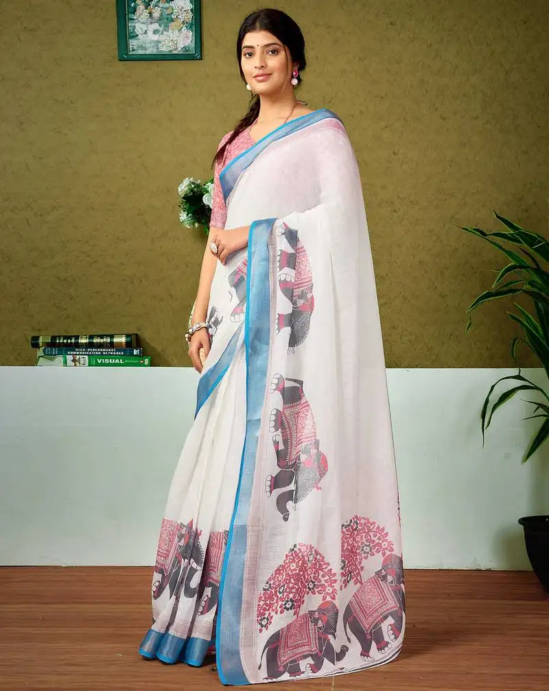 Multicolor and off-white linen zari screen printed zari work ceremony and festival ready to wear saree with blouse
