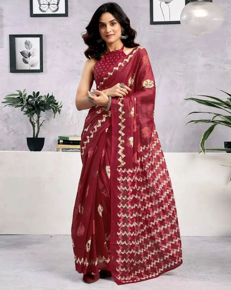 Red pure cotton batik screen printed batik print casual, work and festival ready to wear saree with blouse