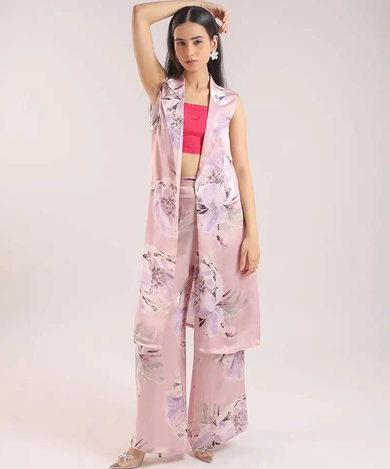 Dusty pink floral printed cotton kurta set with bustier