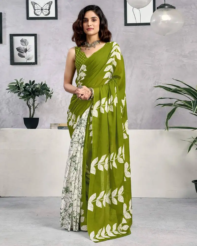 Green pure cotton screen printed casual, work and festival ready to wear saree with blouse
