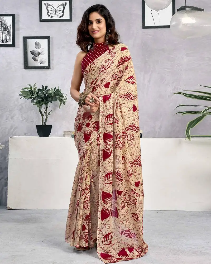 Beige pure cotton screen printed casual, work and festival ready to wear saree with blouse