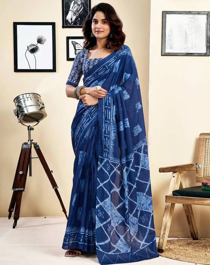 Blue pure cotton screen printed pocket casual, work and festival ready to wear saree with blouse