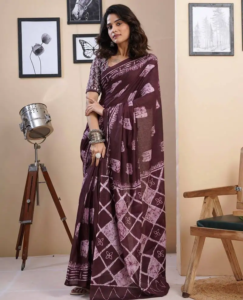 Purple pure cotton screen printed pocket casual, work and festival ready to wear saree with blouse