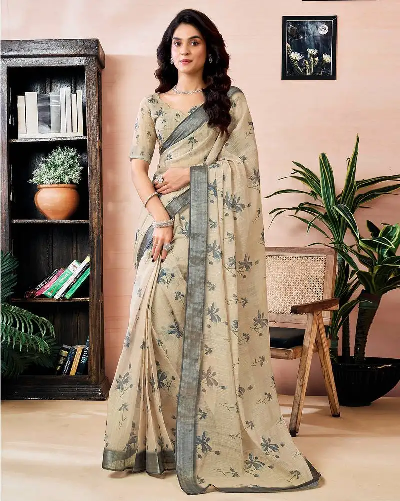 Beige linen zari screen printed zari work work, ceremony, party and festive ready to wear saree with blouse