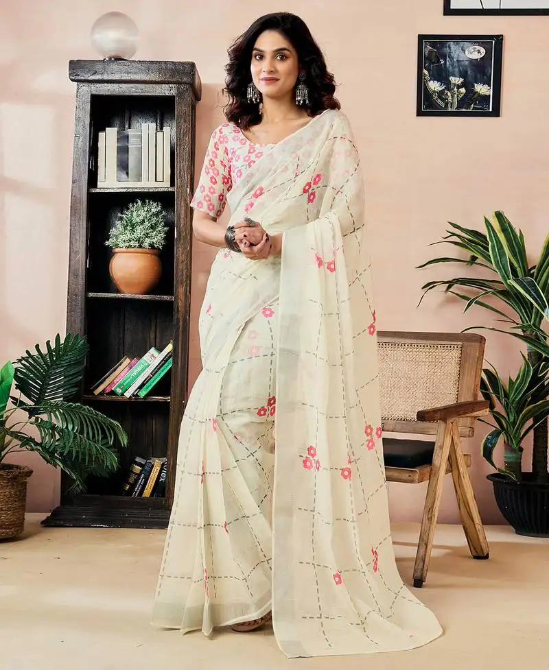 Off-white linen zari screen printed zari work work, ceremony, party and festive ready to wear saree with blouse