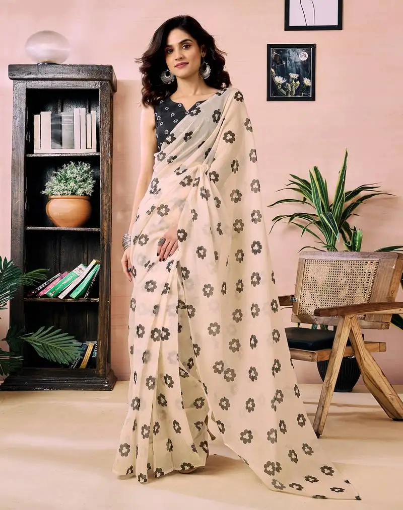 Beige chanderi cotton screen printed work, ceremony, party and festive ready to wear saree with blouse