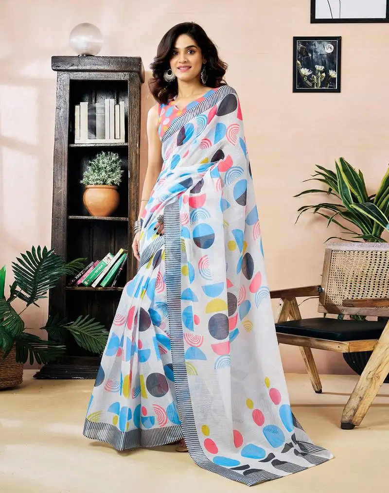 White linen zari screen printed zari work work, ceremony, party and festive ready to wear saree with blouse