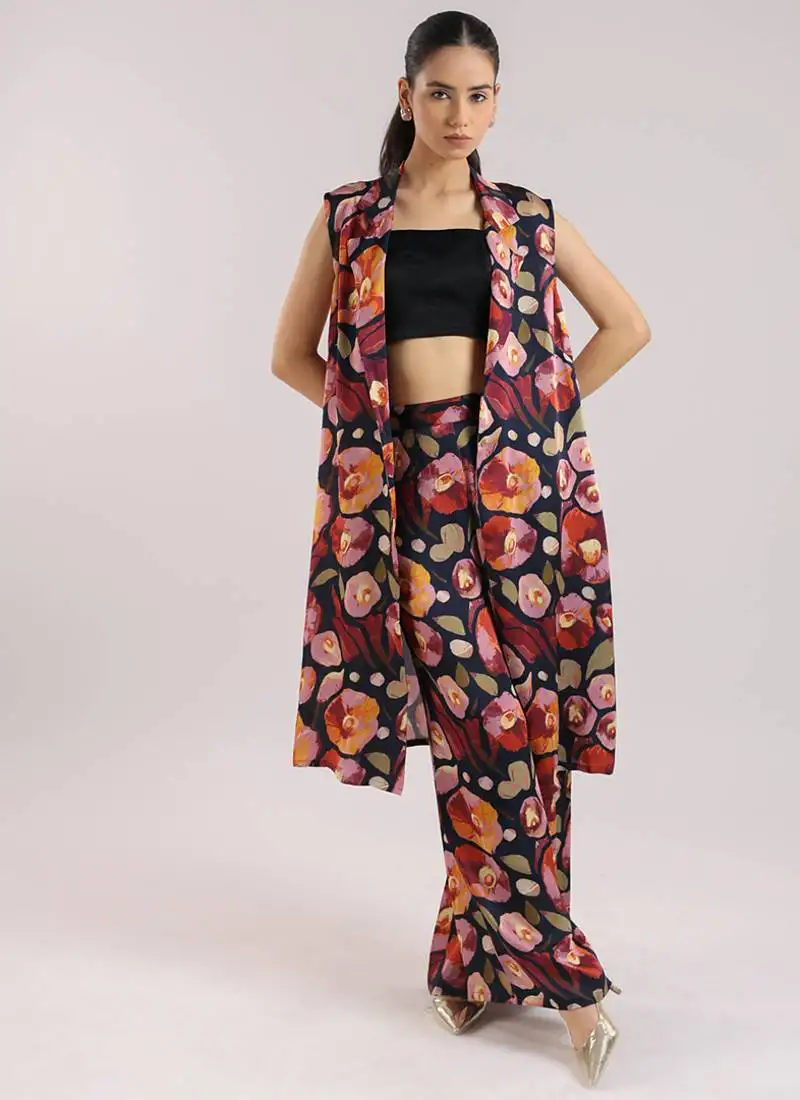 Black floral printed cotton kurta set with bustier
