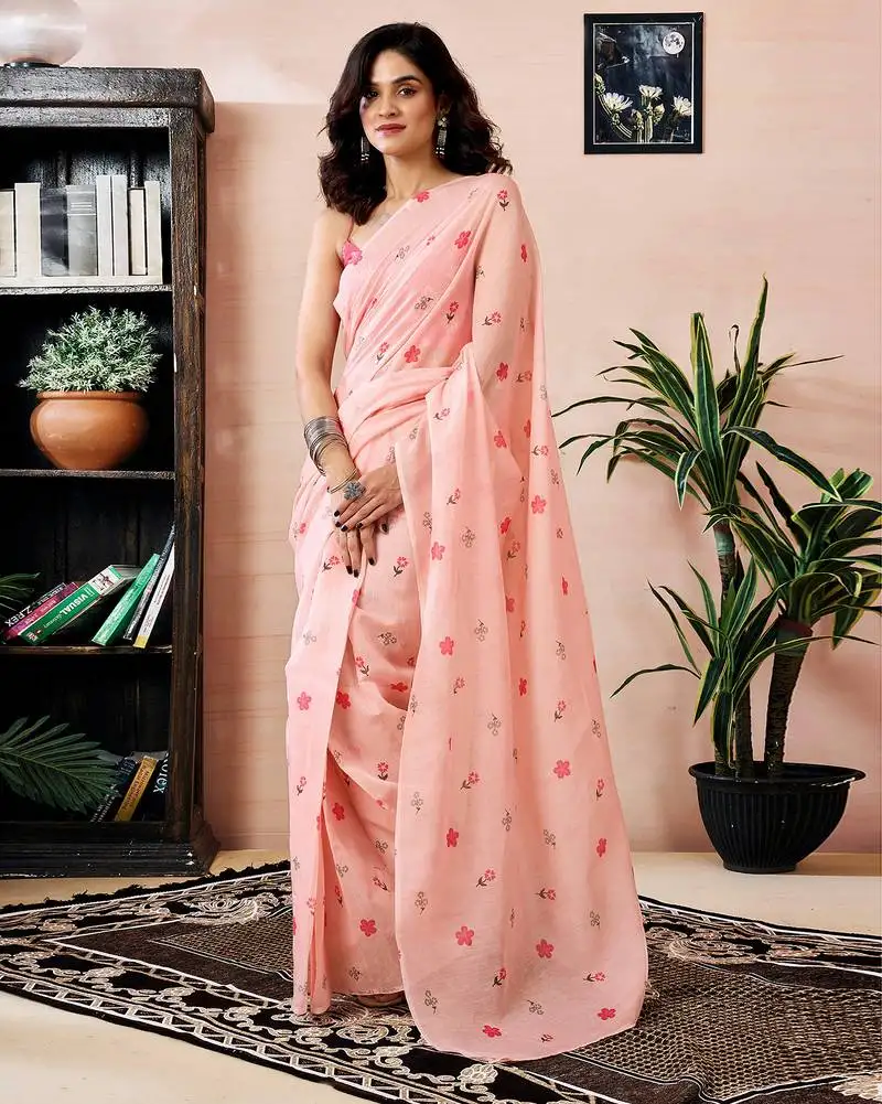 Peach chanderi cotton screen printed work, ceremony, party and festive ready to wear saree with blouse