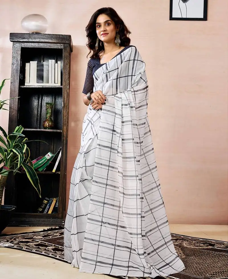 White chanderi cotton screen printed work, ceremony, party and festive ready to wear saree with blouse