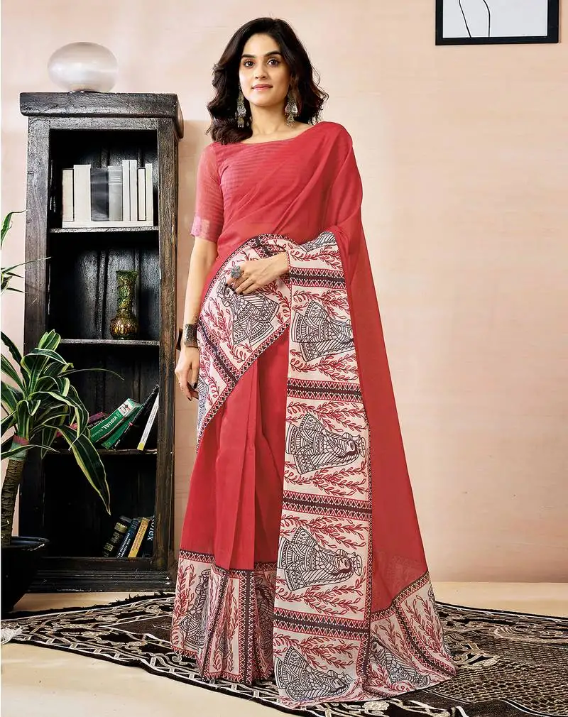 Red chanderi cotton screen printed work, ceremony, party and festive ready to wear saree with blouse