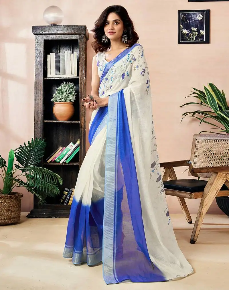 White and blue linen zari screen printed zari work work, ceremony, party and festive ready to wear saree with blouse