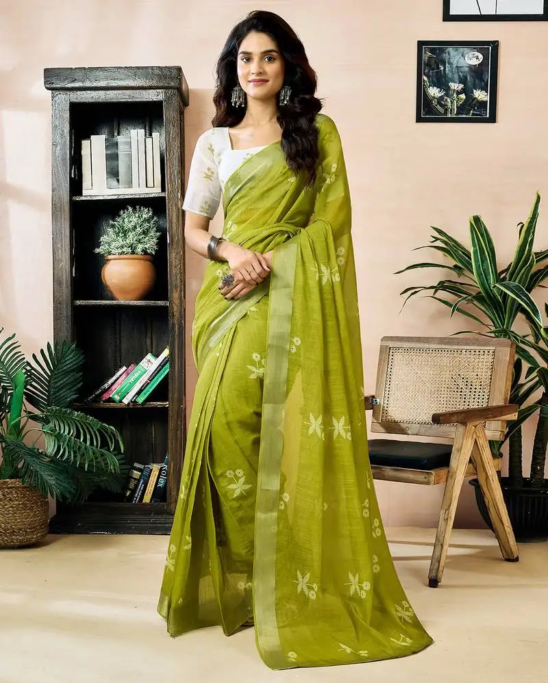 Green linen zari screen printed zari work work, ceremony, party and festive ready to wear saree with blouse