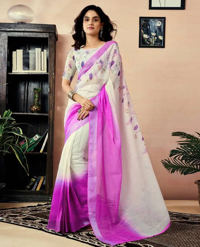 White and purple chanderi cotton screen printed work, ceremony, party and festive ready to wear saree with blouse
