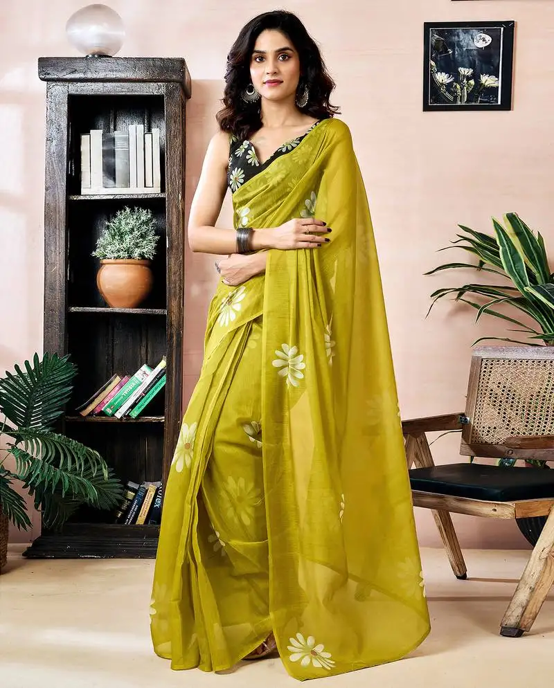 Green chanderi cotton screen printed work, ceremony, party and festive ready to wear saree with blouse