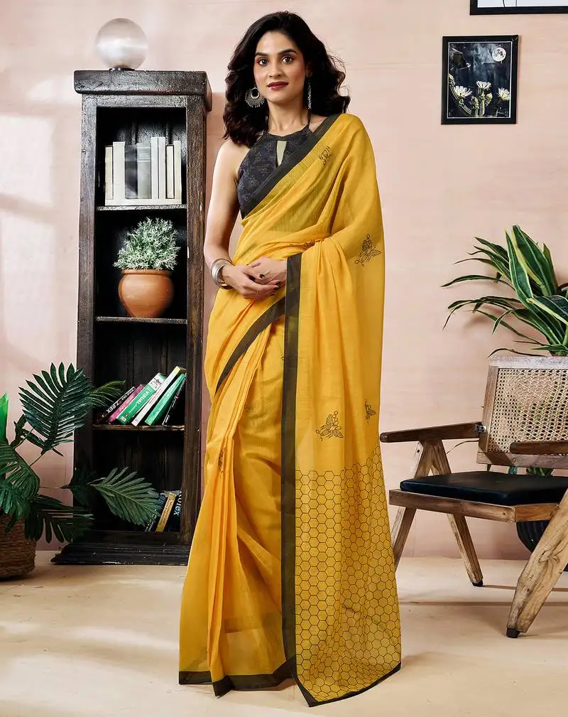Yellow chanderi cotton screen printed work, ceremony, party and festive ready to wear saree with blouse