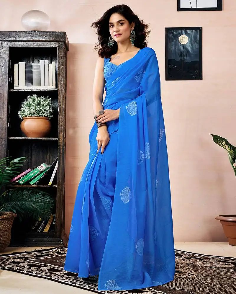 Blue chanderi cotton screen printed work, ceremony, party and festive ready to wear saree with blouse