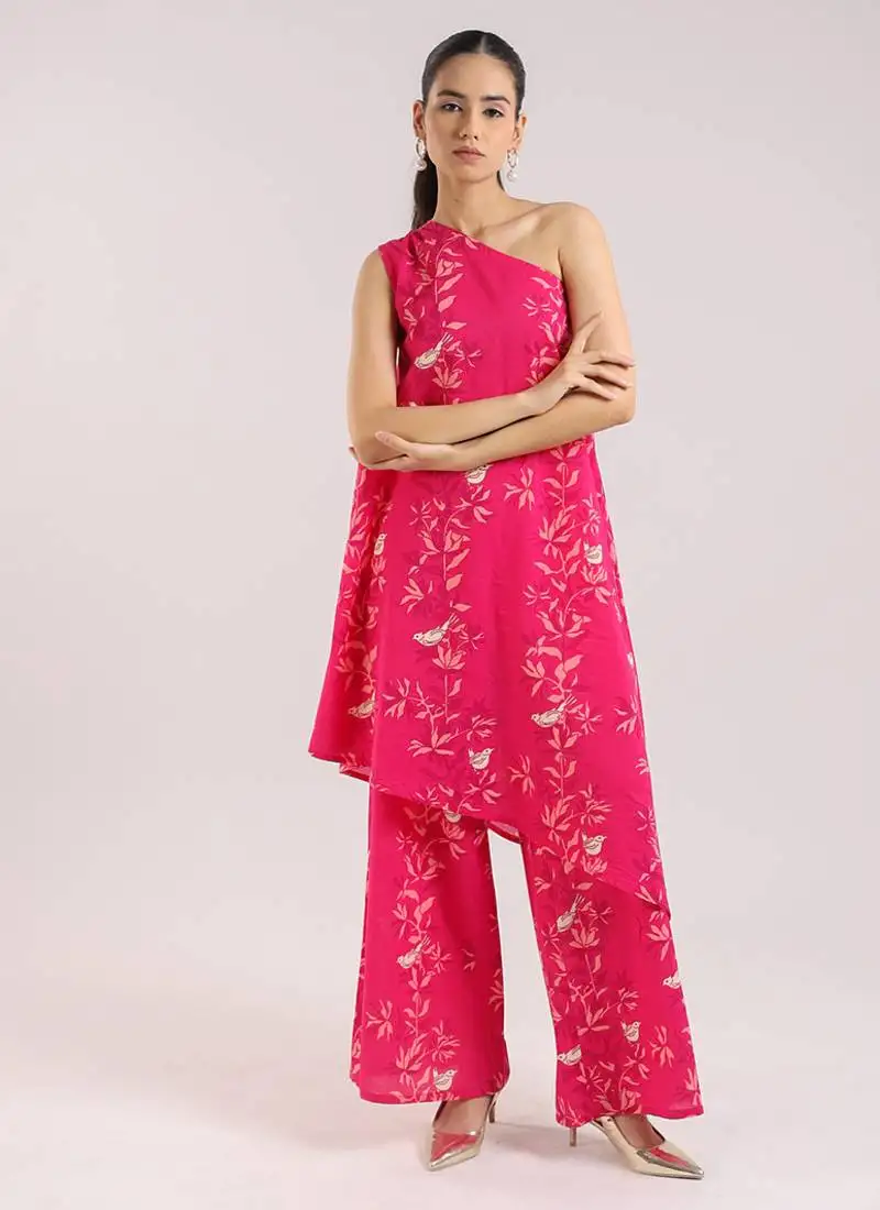 Ruby pink one-shoulder floral printed cotton kurta set