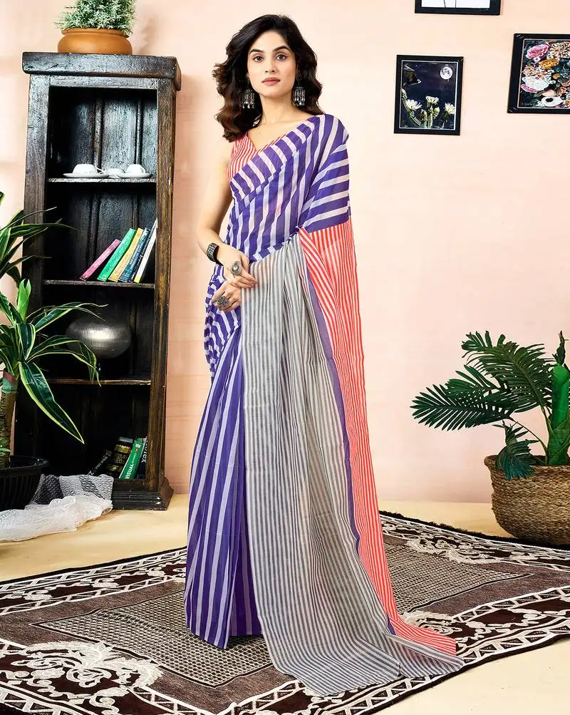 Red, grey and blue chanderi cotton screen printed work, ceremony, party and festive ready to wear saree with blouse