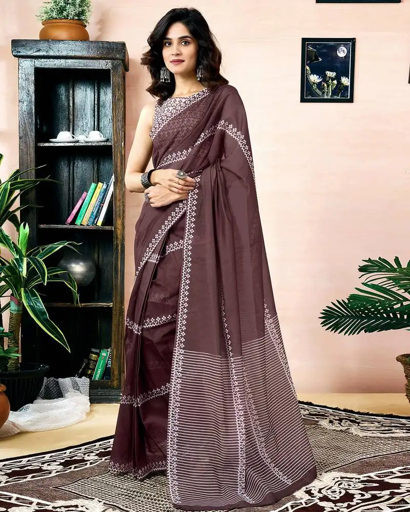 Brown chanderi cotton screen printed work, ceremony, party and festive ready to wear saree with blouse