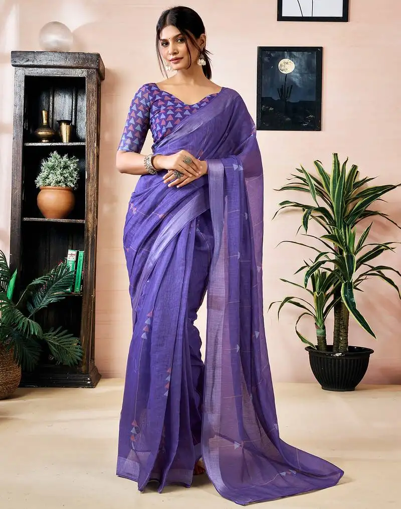 Purple linen zari screen printed zari work work, ceremony, party and festive ready to wear saree with blouse