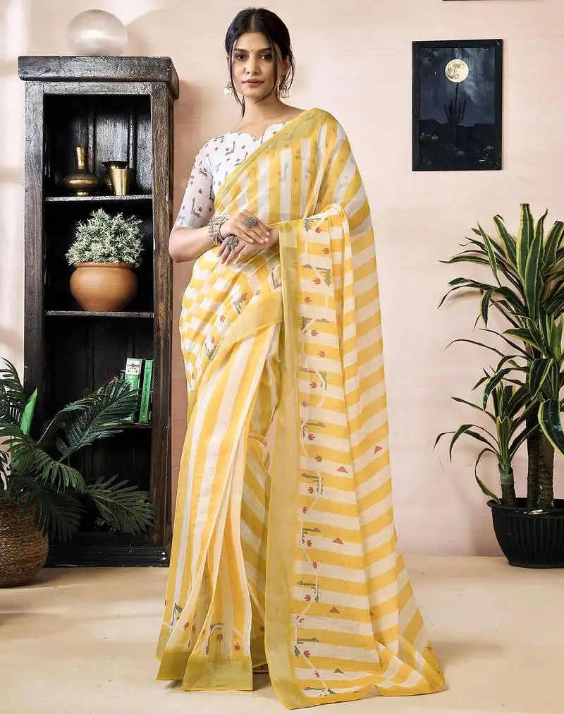 Yellow linen zari screen printed zari work work, ceremony, party and festive ready to wear saree with blouse
