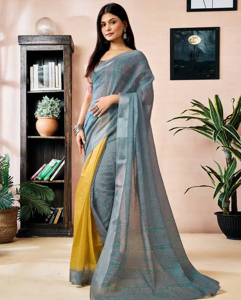 Yellow and grey linen zari screen printed zari work work, ceremony, party and festive ready to wear saree with blouse
