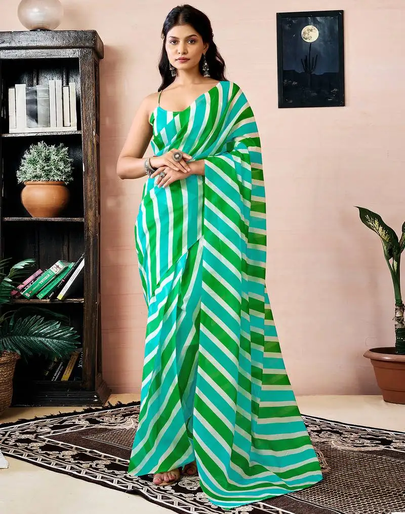 Green and white chanderi cotton screen printed work, ceremony, party and festive ready to wear saree with blouse