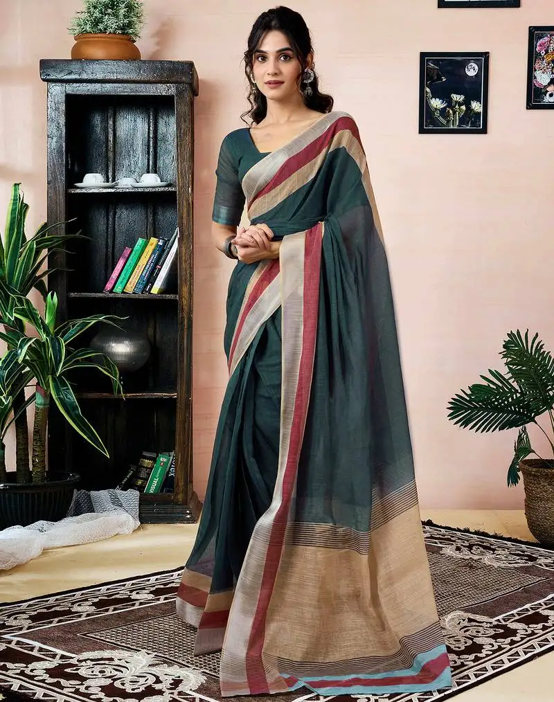 Grey linen zari screen printed zari work pocket work ceremony, party and festive ready to wear saree with blouse