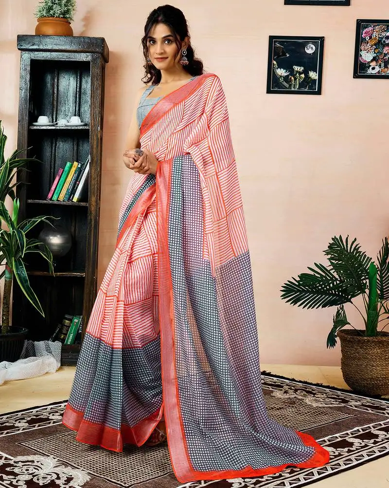 Orange linen zari screen printed zari work pocket work ceremony, party and festive ready to wear saree with blouse