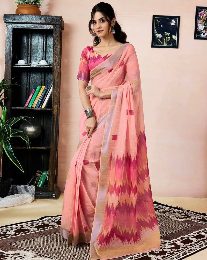 Peach linen zari screen printed zari work pocket work ceremony, party and festive ready to wear saree with blouse